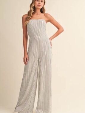 Striped Strapless Wide-Leg Jumpsuit - Cream & Black